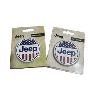 NIP Jeep Logo Car Cup Holder Coaster Set Of 2 Red White And Blue Flag American